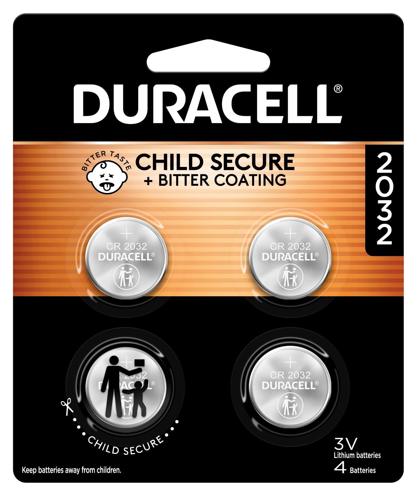 Duracell 2032 Lithium Battery, 4 Count (Pack of 1), Compatible with AirTag, Child Safety Features, Key Fob, CR2032 3V Cell