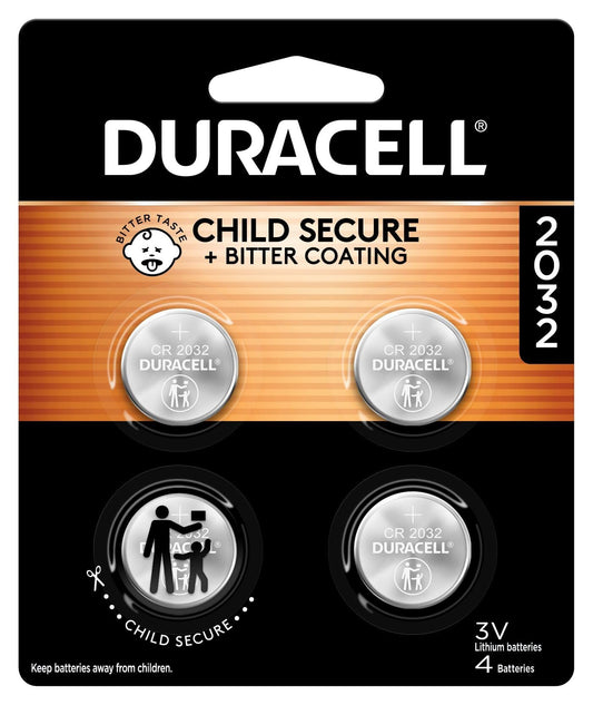 Duracell 2032 Lithium Battery, 4 Count (Pack of 1), Compatible with AirTag, Child Safety Features, Key Fob, CR2032 3V Cell